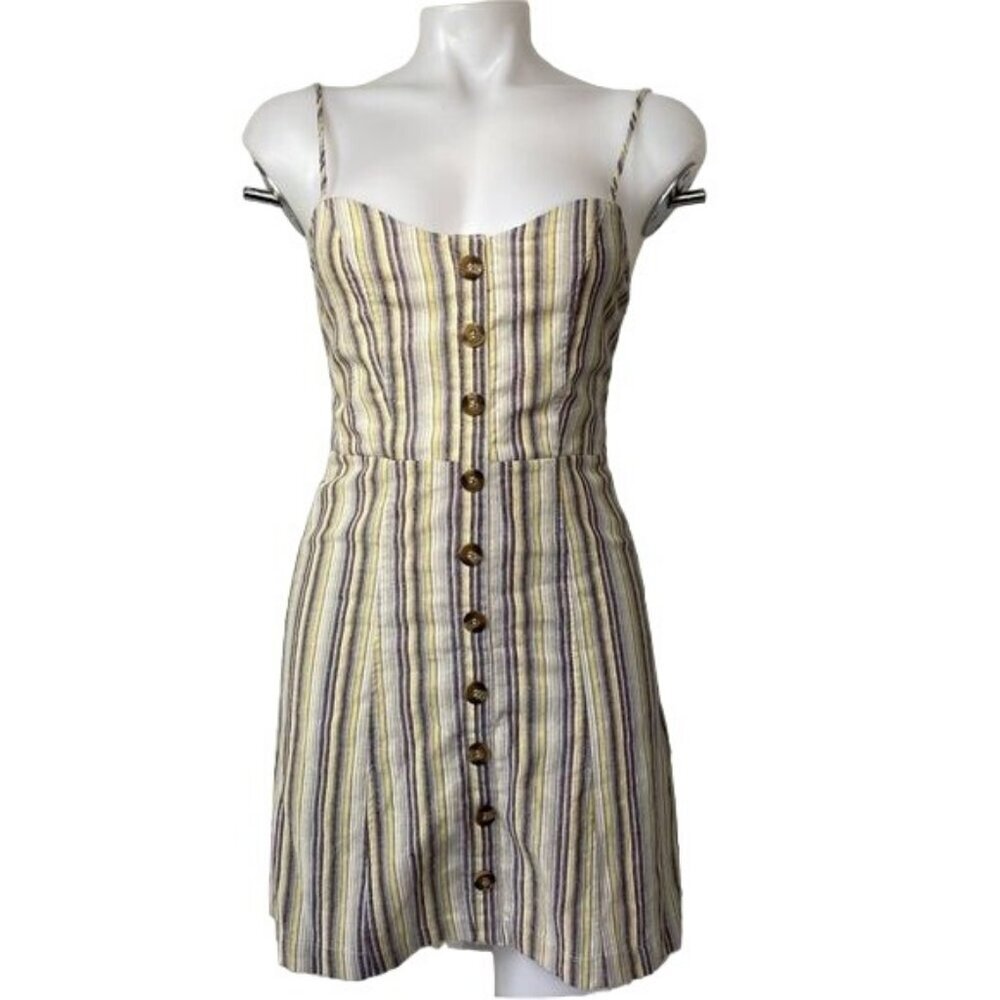 Mind Code Pin Striped Mini Linen Y2K Yellow Blue Brown Button Dress Size S